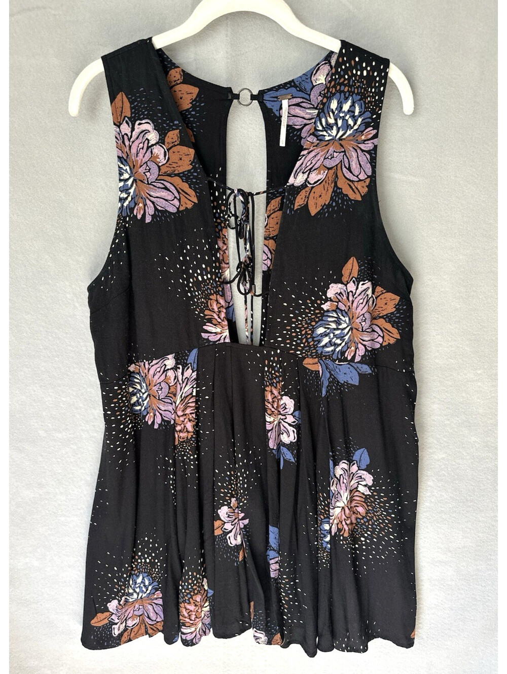 Free People Black Floral Open Back Ring Detail Fit & Flare Mini Dress Large BOHO